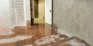 Collapsed underground drain – basement interior with standing water and flooding from damaged drain system, showing structural damage to concrete walls and floor from drain failure