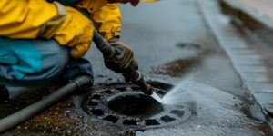 A technician in a yellow jacket uses a high-pressure jetting hose to clear a blocked drain, illustrating the type of job that affects drain jetting cost.