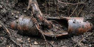 A corroded pipe unearthed with thick tree roots grown inside it, showing why it's essential to remove tree roots in drains before they cause a full blockage.